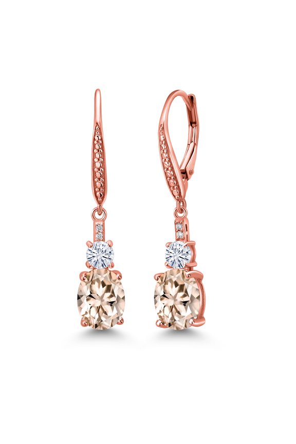 18K Rose Gold Plated Silver Morganite Peach and White Moissanite Dangle Earrings for Women with Lab Grown Diamond (3.69 Cttw, Oval 9X7MM)