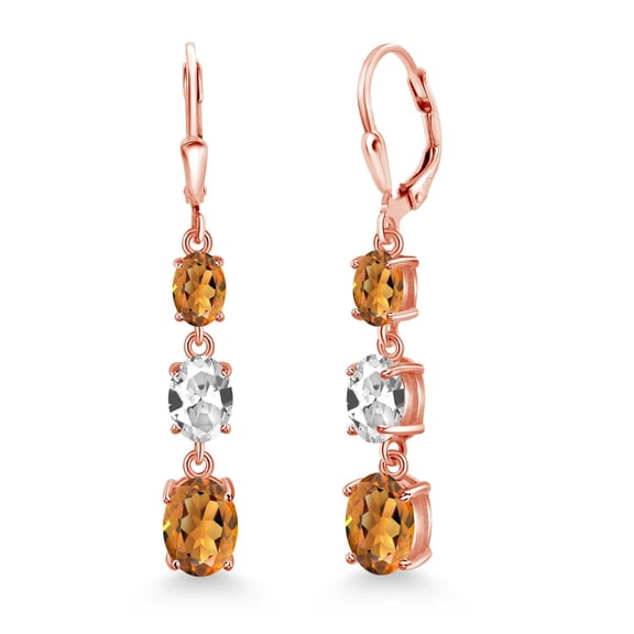 Gem Stone King 18K Rose Gold Plated Silver Orange Red Madeira Citrine 3 Stone Dangle Earrings for Women (5.00 Cttw, Gemstone Birthstone, Oval 8X6MM, 7X5MM and 6X4MM)