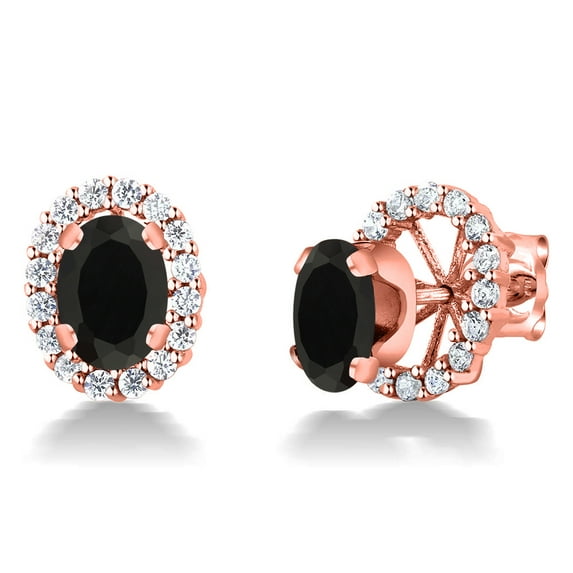 Gem Stone King 18K Rose Gold Plated Silver Oval Black Onyx Removable Jacket Stud Earrings for Women