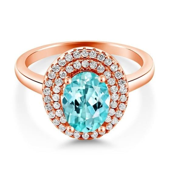 Gem Stone King 18K Rose Gold Plated Silver Oval Blue Apatite Halo Engagement Ring for Women (2.40 Cttw, Gemstone Birthstone, Oval 8X6MM, Size 5)
