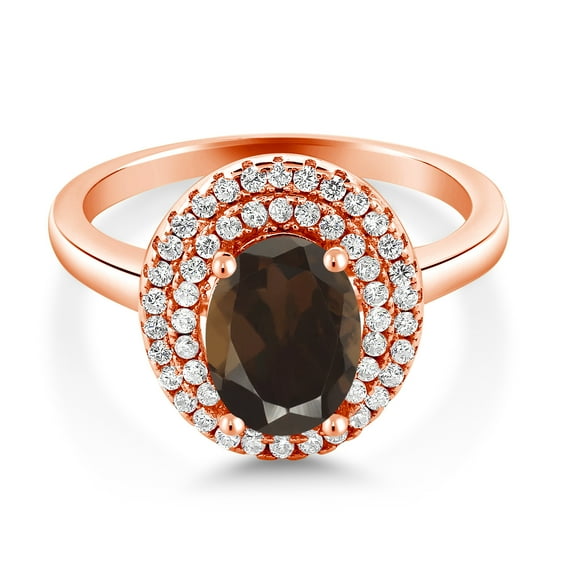 Gem Stone King 18K Rose Gold Plated Silver Oval Brown Smoky Quartz Halo Engagement Ring for Women (2.40 Cttw, Gemstone Birthstone, Oval 8X6MM, Size 6)