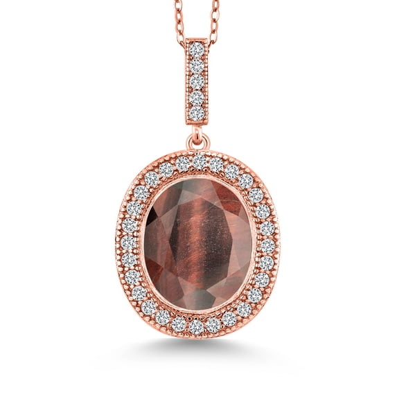 Gem Stone King 18K Rose Gold Plated Silver Oval Gemstone Birthstone Halo Necklace for Women | Oval 12X10MM | Halo Pendant Necklace for Women | With 18 inch Chain