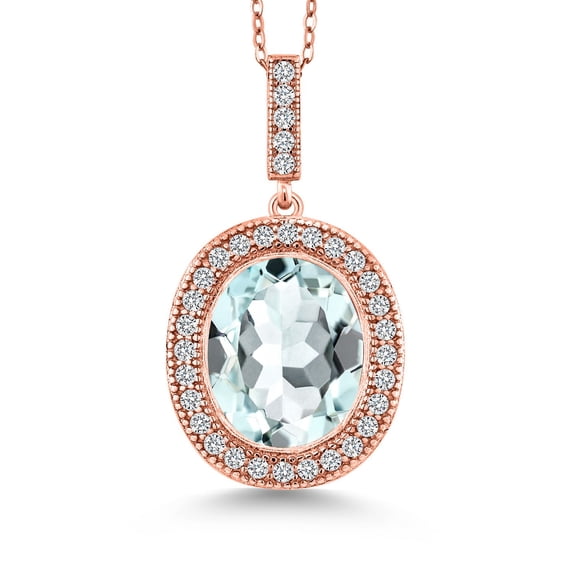 Gem Stone King 18K Rose Gold Plated Silver Oval Gemstone Birthstone Halo Necklace for Women | Oval 12X10MM | Halo Pendant Necklace for Women | With 18 inch Chain