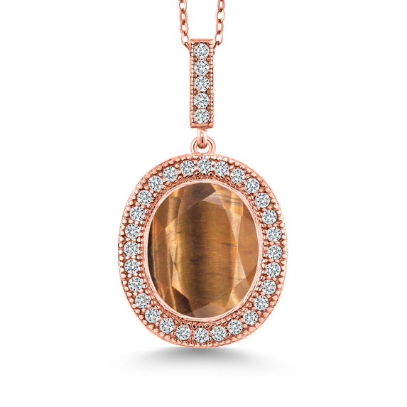 Gem Stone King 18K Rose Gold Plated Silver Oval Gemstone Birthstone Halo Necklace for Women | Oval 12X10MM | Halo Pendant Necklace for Women | With 18 inch Chain