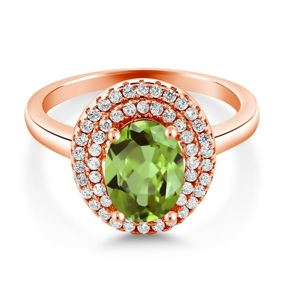 Gem Stone King 18K Rose Gold Plated Silver Oval Green Peridot Halo Engagement Ring for Women (2.62 Cttw, Gemstone August Birthstone, Oval 8X6MM, Size 6)