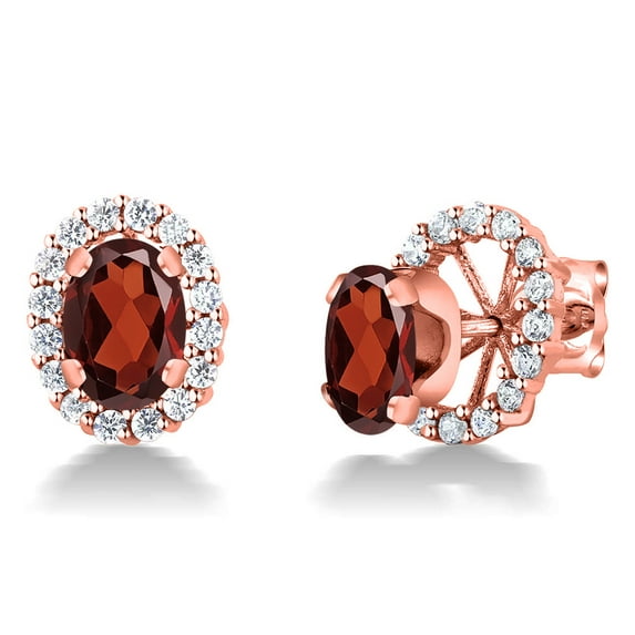 Gem Stone King 18K Rose Gold Plated Silver Oval Red Garnet Removable Jacket Stud Earrings for Women (1.74 Cttw, Gemstone Birthstone, Oval 7X5MM)