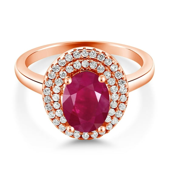 Gem Stone King 18K Rose Gold Plated Silver Oval Red Ruby Halo Engagement Ring for Women (2.80 Cttw, Gemstone July Birthstone, Oval 8X6MM, Size 7)