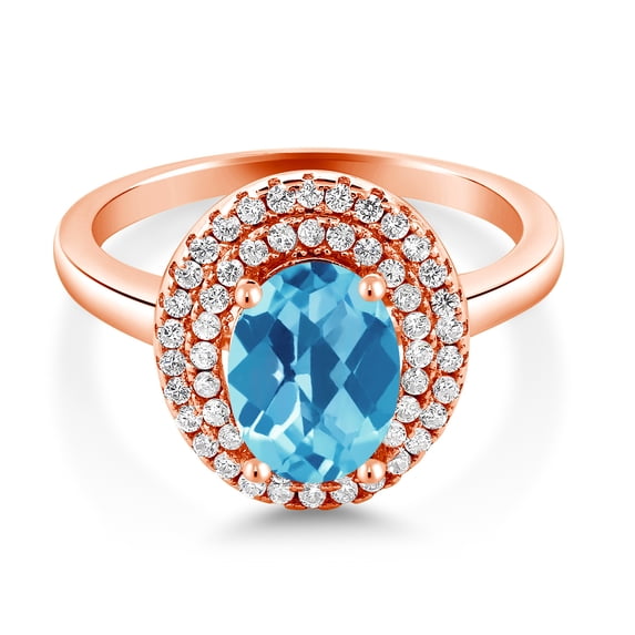 Gem Stone King 18K Rose Gold Plated Silver Oval Swiss Blue Topaz Halo Engagement Ring for Women (2.50 Cttw, Gemstone November Birthstone, Oval Checkerboard 8X6MM, Size 5)