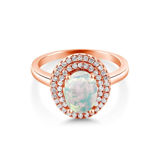 Gem Stone King 18K Rose Gold Plated Silver Oval White Simulated Opal Halo Engagement Ring for Women (2.20 Cttw, Gemstone October Birthstone, Oval Cabochon 8X6MM, Size 9)