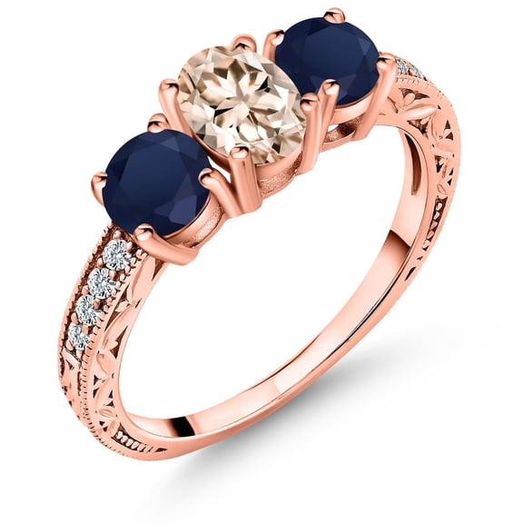 Gem Stone King 18K Rose Gold Plated Silver Peach Morganite and Blue Sapphire 3 Stone Ring for Women (1.97 Cttw, Gemstone October Birthstone, Oval 7X5MM, Size 6)