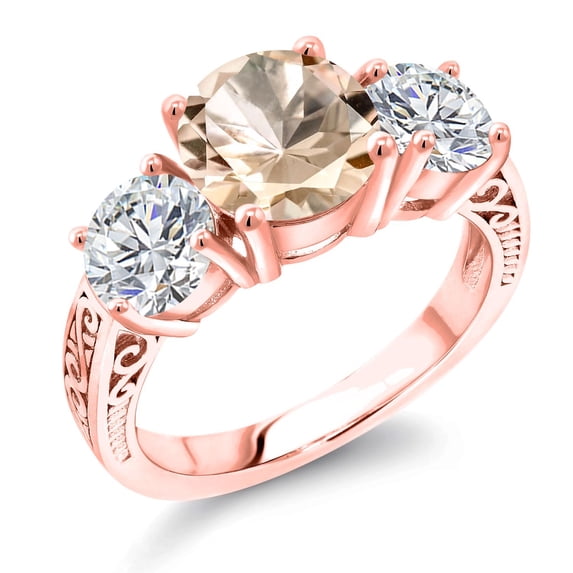 Gem Stone King 18K Rose Gold Plated Silver Peach Morganite and Lab Grown Diamond Engagement Ring for Women | 3.18 Cttw | Round 8MM | Gemstone October Birthstone | Size 6