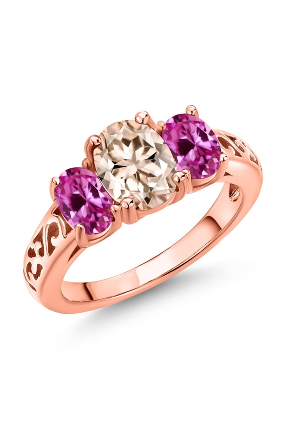 18K Rose Gold Plated Silver Peach Morganite and Pink Created Sapphire Filigree Style 3 Stone Ring for Women (2.00 Cttw, Oval 8X6MM and 6X4MM, Size 8)