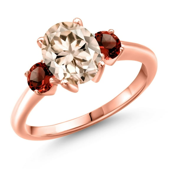 Gem Stone King 18K Rose Gold Plated Silver Peach Morganite and Red Garnet Engagement Ring for Women | 2.34 Cttw | Oval 9X7MM | Gemstone October Birthstone | Size 8