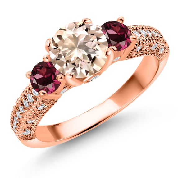 Gem Stone King 18K Rose Gold Plated Silver Peach Morganite Red Rhodolite Garnet and White Moissanite Engagement Ring for Women (1.97 Cttw, Gemstone October Birthstone, Round 7MM and 4MM, Size 7)