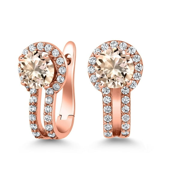 Gem Stone King 18K Rose Gold Plated Silver Peach Morganite and White Created Sapphire Earrings for Women (1.30 Cttw, Gemstone October Birthstone, Round 5MM)