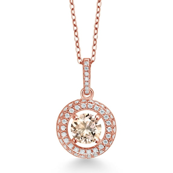 Gem Stone King 18K Rose Gold Plated Silver Peach Morganite and White Moissanite Pendant Necklace for Women (0.85 Cttw, October Birthstone, Round 6MM, 18" Silver Chain)