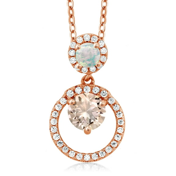 Gem Stone King 18K Rose Gold Plated Silver Peach Morganite and White Simulated Opal Pendant Necklace for Women (1.45 Cttw, Gemstone October Birthstone, Round 6MM and 4MM)