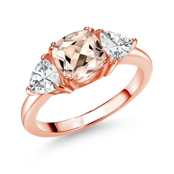 Gem Stone King 18K Rose Gold Plated Silver Peach Morganite and White Zirconia 3 Stone Engagement Ring for Women (2.84 Cttw, Gemstone October Birthstone, Available in Size 5, 6, 7, 8, 9)