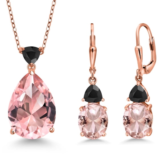 Gem Stone King 18K Rose Gold Plated Silver Peach Nano Morganite and Black Onyx Pendant Earrings Jewelry Set for Women (16.07 Cttw, Pear Shape 18X13MM, with 18 inch Chain)