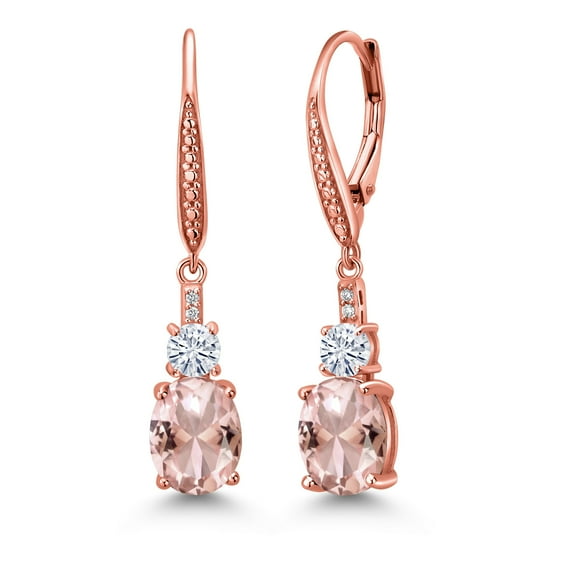 Gem Stone King 18K Rose Gold Plated Silver Peach Nano Morganite and Moissanite Dangle Earrings for Women with Lab Grown Diamond (4.49 Cttw, Oval 9X7MM)