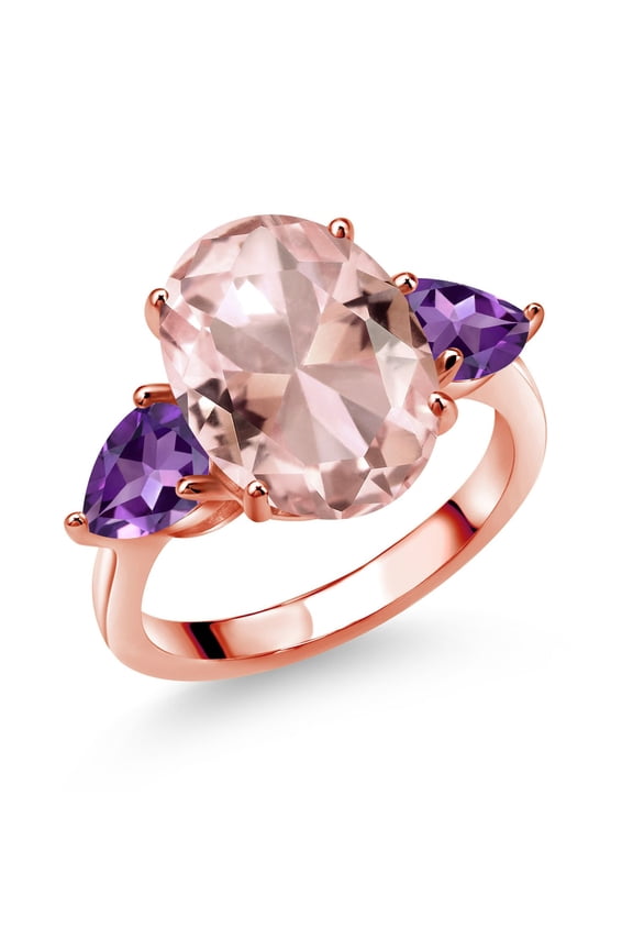 18K Rose Gold Plated Silver Peach Nano Morganite and Purple Amethyst Ring for Women (10.48 Cttw, 14X10MM Oval and 7X5MM Pear Shape, Size 8)