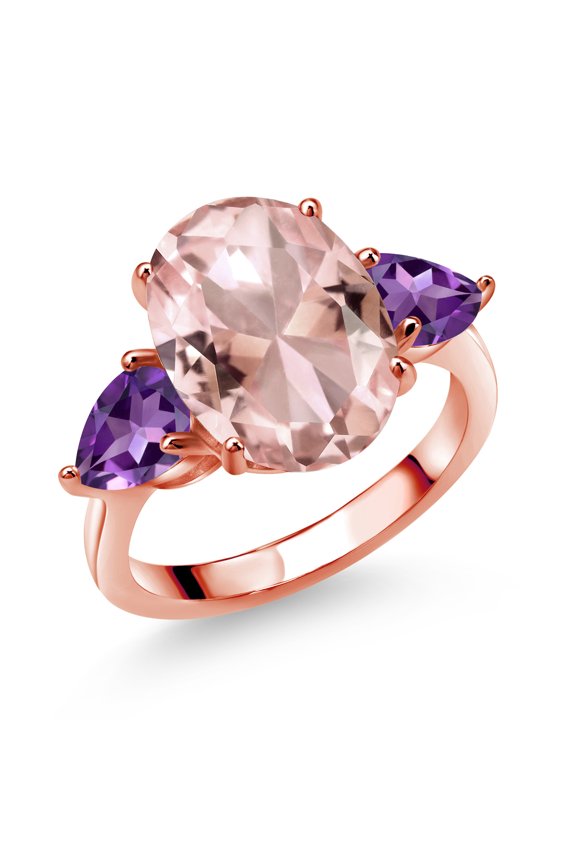 18K Rose Gold Plated Silver Peach Nano Morganite and Purple Amethyst Ring for Women (10.48 Cttw, 14X10MM Oval and 7X5MM Pear Shape, Size 8)