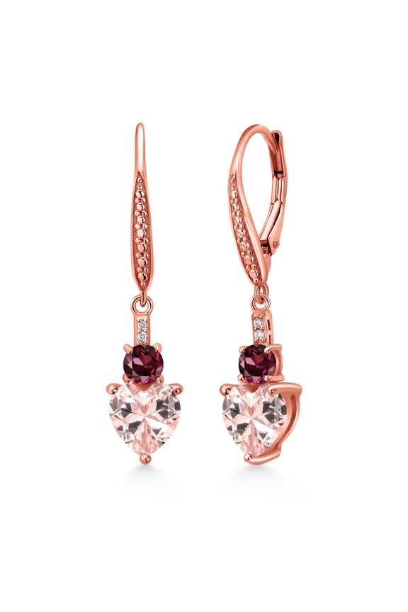 18K Rose Gold Plated Silver Peach Nano Morganite Red Rhodolite Garnet and White Lab Grown Diamond Drop Dangle Earrings for Women (3.27 Cttw, Heart Shape 7MM, Round 4MM)