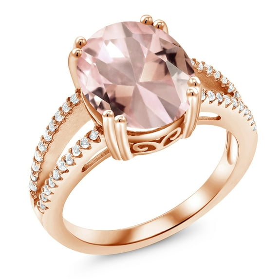 Gem Stone King 18K Rose Gold Plated Silver Peach Nano Morganite Ring for Women (5.21 Cttw, Oval 12X10MM, Gemstone October Birthstone, Available in Size 5, 6, 7, 8, 9)