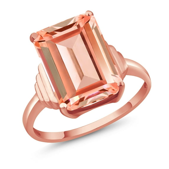 Gem Stone King 18K Rose Gold Plated Silver Peach Nano Morganite Ring for Women (6.30 Cttw, Emerald Cut 14X10MM, Gemstone October Birthstone, Available in Size 5, 6, 7, 8, 9)