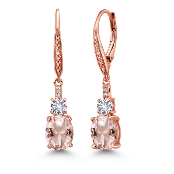 Gem Stone King 18K Rose Gold Plated Silver Peach Nano Morganite and White Created Sapphire Dangle Earrings for Women with Lab Grown Diamond (4.53 Cttw, Oval 9X7MM)