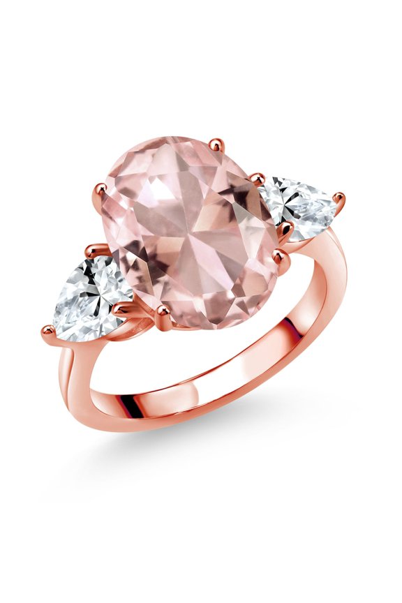 18K Rose Gold Plated Silver Peach Nano Morganite and White Created Sapphire Ring for Women (11.20 Cttw, 14X10MM Oval and 7X5MM Pear Shape, Size 8)