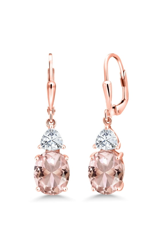 18K Rose Gold Plated Silver Peach Nano Morganite and White Moissanite Dangle Earrings for Women (5.58 Cttw, Gemstone October Birthstone, Oval 10X8MM, Trillion 5MM)