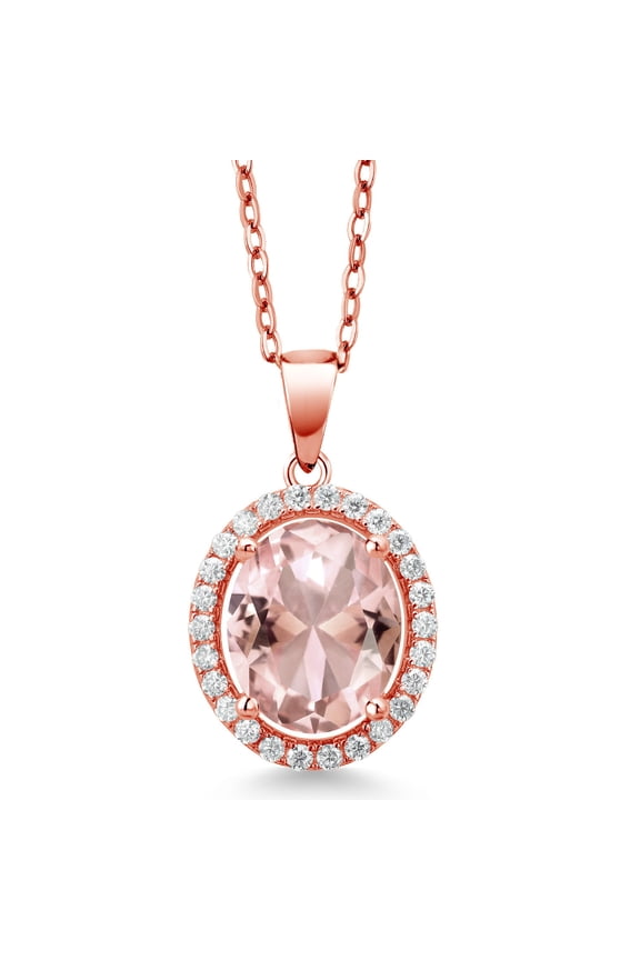 18K Rose Gold Plated Silver Peach Nano Morganite and White Moissanite Pendant Necklace for Women (4.20 Cttw, Oval 11X9MM, with 18 inch Chain)