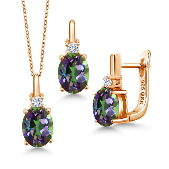Gem Stone King 18K Rose Gold Plated Silver Pendant and Earrings Jewelry Set Mystic Topaz Moissanite (7.10 Cttw)