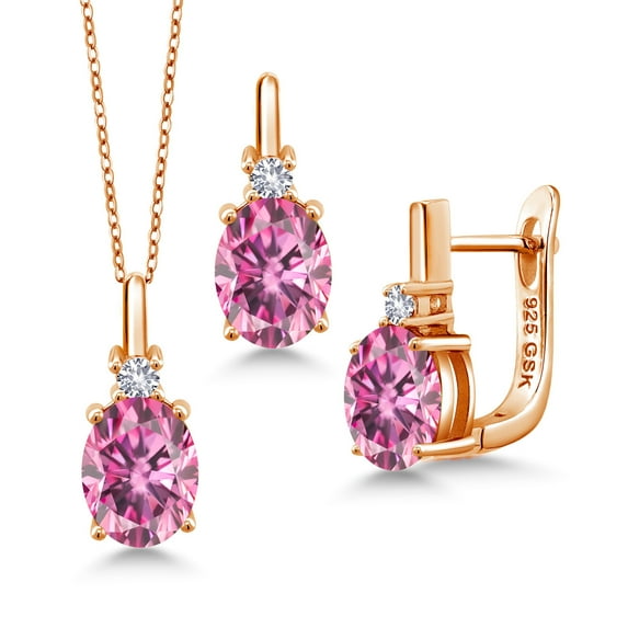 Gem Stone King 18K Rose Gold Plated Silver Pendant and Earrings Jewelry Set Pink Moissanite Created Sapphire (6.15 Cttw)
