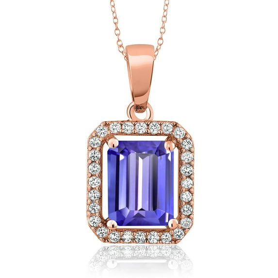 Gem Stone King 18K Rose Gold Plated Silver Pendant with 18 inch Chain Octagon Blue Tanzanite Moissanite (2.58 Cttw)