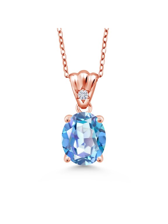 18K Rose Gold Plated Silver Pendant with Chain Oval Millennium Blue Mystic Quartz and Moissanite (3.64 Cttw)