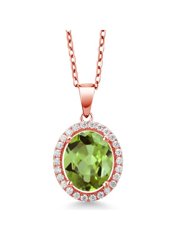 18K Rose Gold Plated Silver Pendant with Chain Oval Green Peridot and Moissanite (3.32 Cttw)