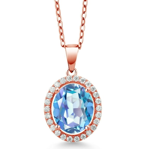 Gem Stone King 18K Rose Gold Plated Silver Pendant with Chain Oval Millennium Blue Mystic Quartz and Moissanite (3.92 Cttw)