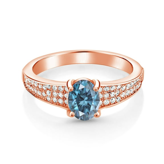 Gem Stone King 18K Rose Gold Plated Silver Persian Blue Moissanite Engagement Ring for Women (1.86 Cttw, Oval 8X6MM, Gemstone Birthstone, Available in Size 5, 6, 7, 8, 9)