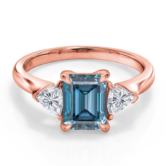 Gem Stone King 18K Rose Gold Plated Silver Persian Blue Moissanite and Lab Grown Diamond 3-Stone Engagement Ring for Women | 1.76 Cttw | Octagon 8X6MM | Gemstone Birthstone | Size 6