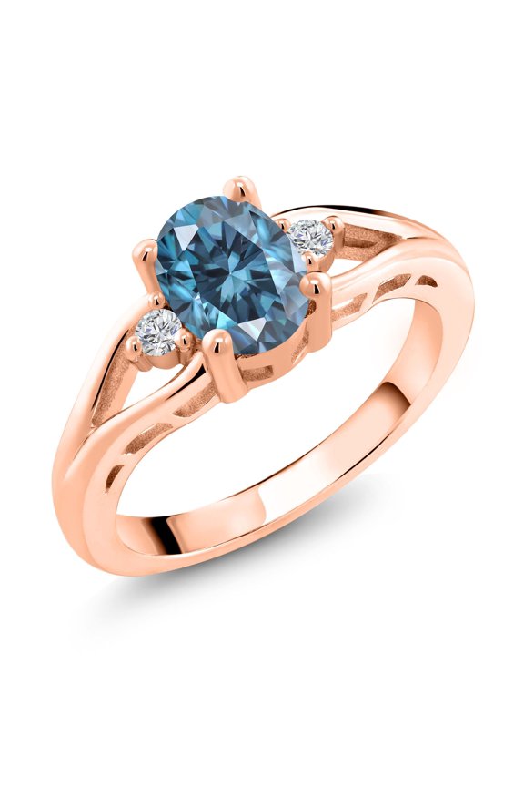 18K Rose Gold Plated Silver Persian Blue Moissanite and White Lab Grown Diamond 3 Stone Engagement Ring for Women | 1.46 Cttw | Oval 8X6MM | Round 2MM | Gemstone Birthstone | Size 5