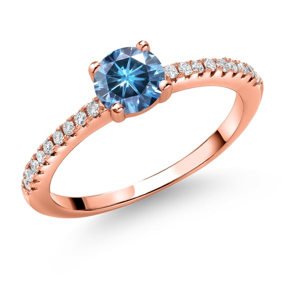 Gem Stone King 18K Rose Gold Plated Silver Persian Blue Moissanite and White Lab Grown Diamond Engagement Wedding Anniversary Ring for Women (0.59 Cttw, Round 5MM, Size 8)