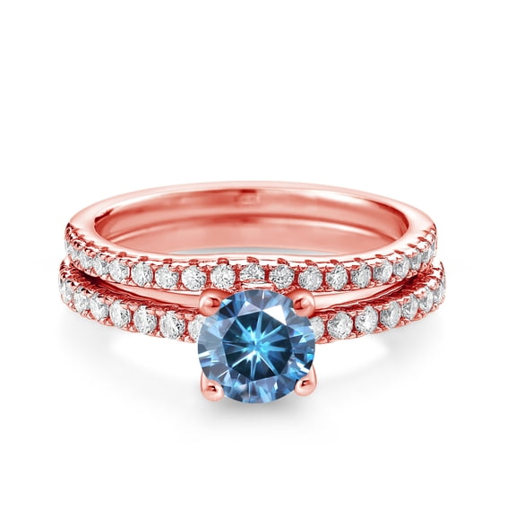 Gem Stone King 18K Rose Gold Plated Silver Persian Blue Moissanite and White Moissanite Wedding Engagement Band Bridal Set Ring for Women (1.29 Cttw, Gemstone, Available in Size 5, 6, 7, 8, 9)