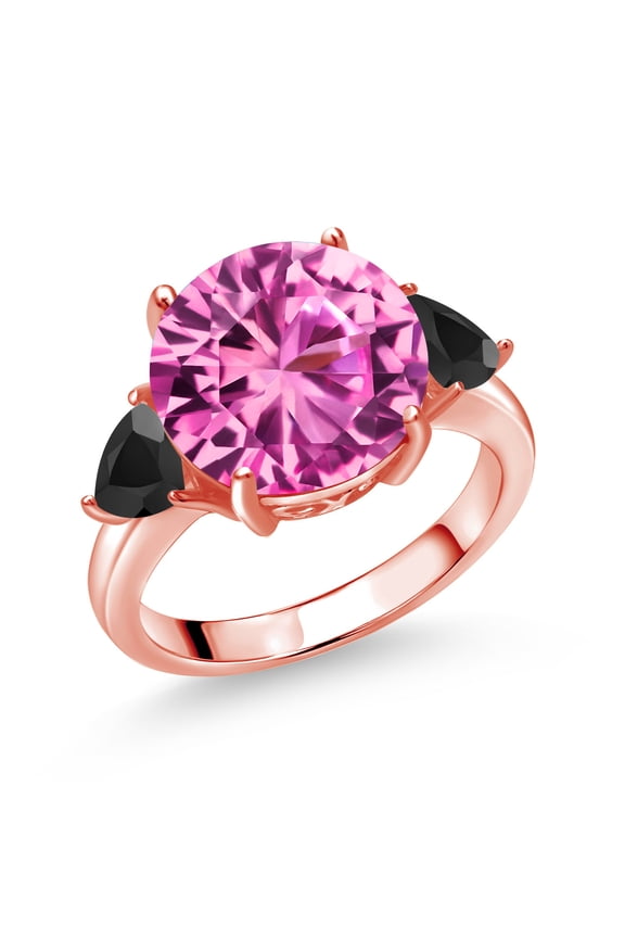 18K Rose Gold Plated Silver Pink Created Sapphire and Black Onyx 3-Stone Ring for Women (8.52 Cttw, Round 12MM, Trillion 5MM, Size 6)