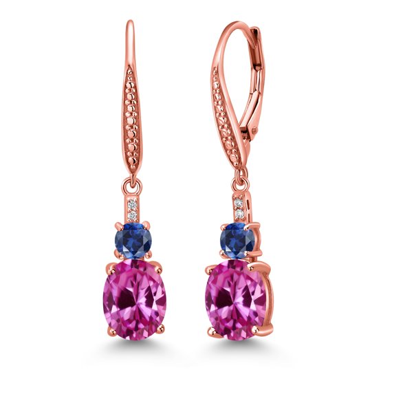 Gem Stone King 18K Rose Gold Plated Silver Pink Created Sapphire and Blue Created Sapphire Dangle Earrings for Women with Lab Grown Diamond (2.53 Cttw, Oval 9X7MM)