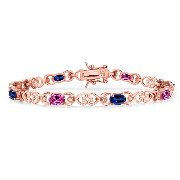 18K Rose Gold Plated Silver Pink Created Sapphire and Blue Created Sapphire and Lab Grown Diamond Bracelet for Women | 4.41 Cttw | Gemstone September Birthstone | Oval 6X4MM | Length 7.25 inches