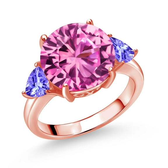 Gem Stone King 18K Rose Gold Plated Silver Pink Created Sapphire and Blue Tanzanite 3-Stone Ring for Women (8.60 Cttw, Round 12MM, Trillion 5MM, Size 8)