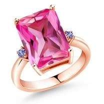 Gem Stone King 18K Rose Gold Plated Silver Pink Created Sapphire and Blue Tanzanite Ring for Women (10.08 Cttw, Emerald Cut 14x10MM, Gemstone September Birthstone, Size 6)