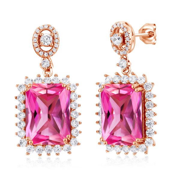 Gem Stone King 18K Rose Gold Plated Silver Pink Created Sapphire Dangle Earrings for Women (20.60 Cttw, Gemstone September Birthstone, Octagon 14X10MM)